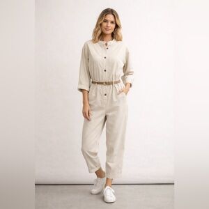 Beige Utility Jumpsuit Button Front Drawstring Waist Cropped Pockets Womens M